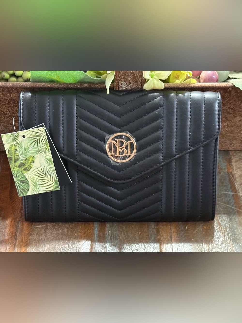 Badgley Mischka Black Envelope Flap Quilted Crossbody Bag w/Gold Chain NWT